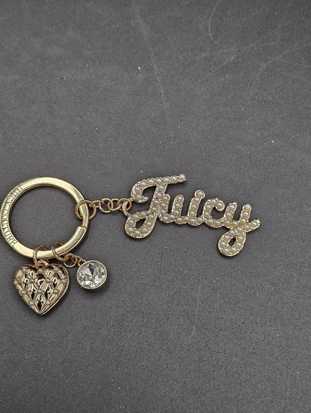 Juicy Couture Pearl Spell Out Gold Keychain Holder Filigree Heart Gem Y2k Style